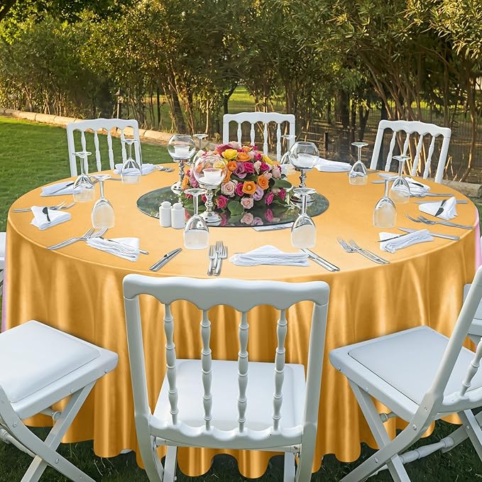 Ruisita 120 Inches Round Satin Tablecloths Gold Overlay Round Satin Table Cover - Image 6