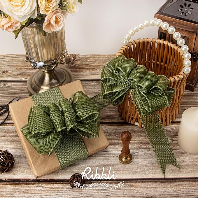 Ribbli Dark Moss Burlap Wired Ribbon, 1-1/2 Inch x 10 Yard, Wired Edge Ribbon - Image 4