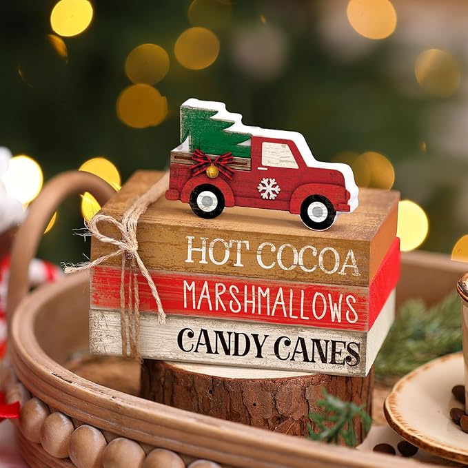 4 Pcs Christmas Table Decorations Red Truck Winter Tiered Tray Decorations - Image 3