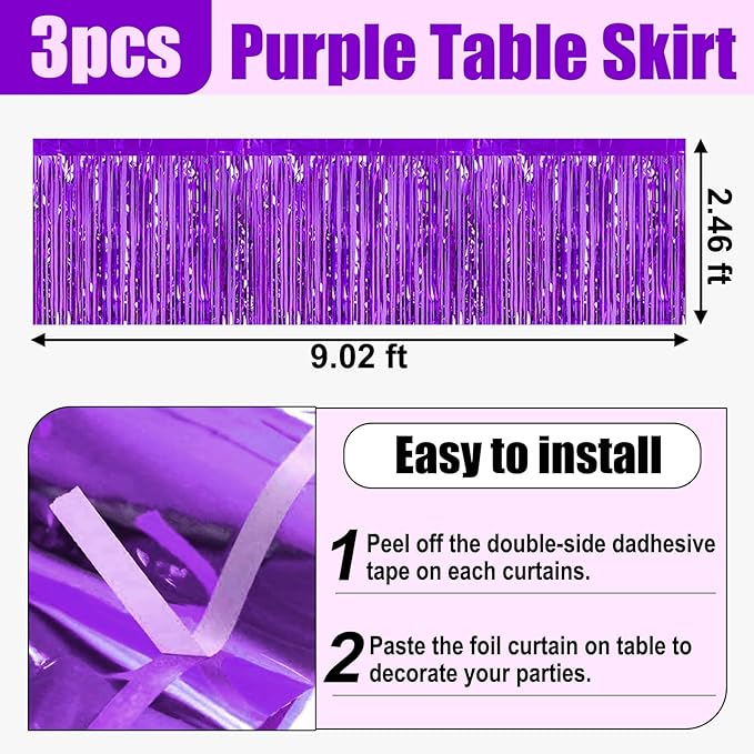 3 Pack 29x108 Inch Purple Foil Fringe Table Skirts Metallic Banner - Image 2