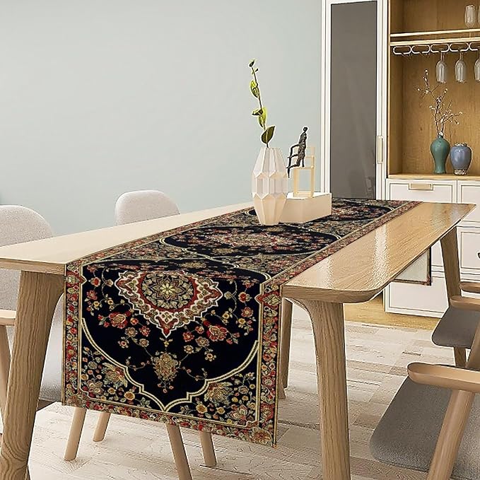 Vintage Boho Floral Table Runner, Rustic Country Farmhouse Black Bohemia Flower - Image 2