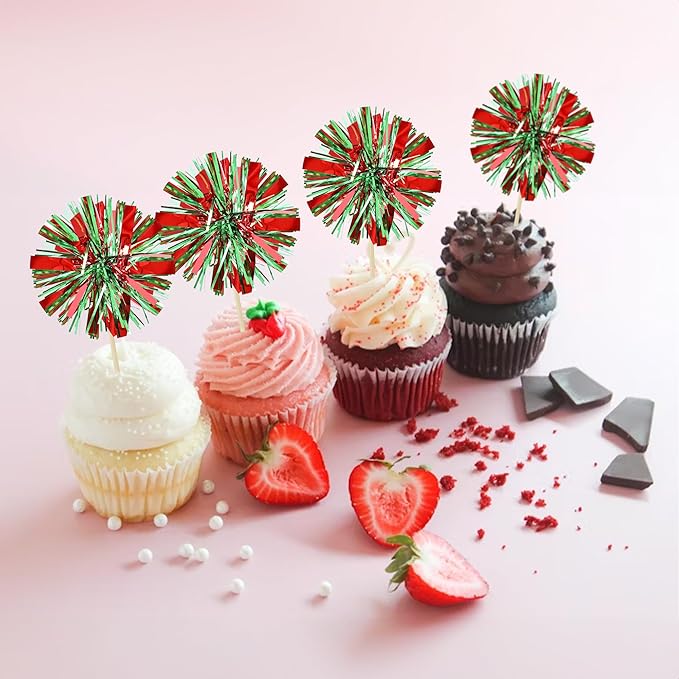 Ephlyn 30Pcs Foil Firework Cupcake Toppers Sparkle Tinsel Drink Birthday Cake - Image 4