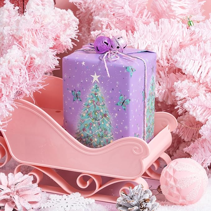 LeZakaa Christmas Purple Wrapping Paper Mini Roll, Christmas Tree Butterfly - Image 4