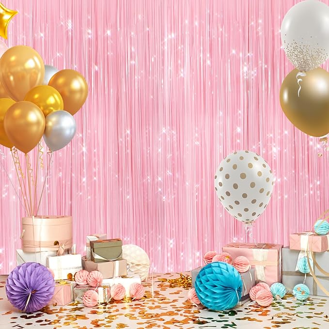 2Pack Pastel Pink Metallic Tinsel Foil Fringe Curtains, Door Streamers Photo - Image 4