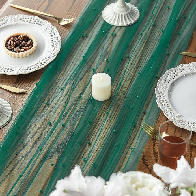 Artoid Mode Pearl Dark Green Gauze Table Runner 59x120 Inch, Seasonal Sheer - Image 6