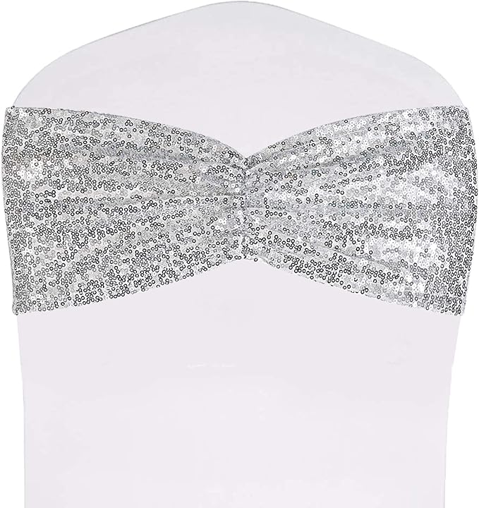 SquarePie Pack of 100 Chair Sashes Bows Sparkly Silver Sequin Chair Bands - Image 2