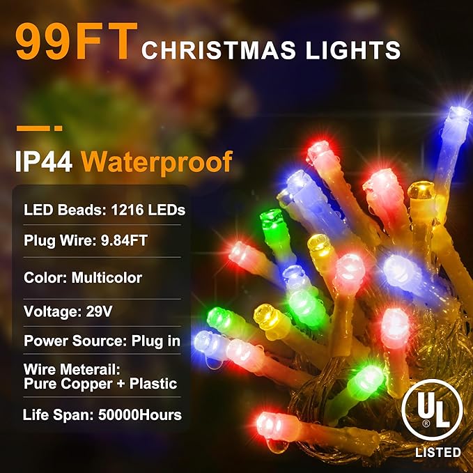 KNONEW 99ft 1216 LED Christmas Lights Outdoor 8 Modes Curtain Fairy String Light - Image 6