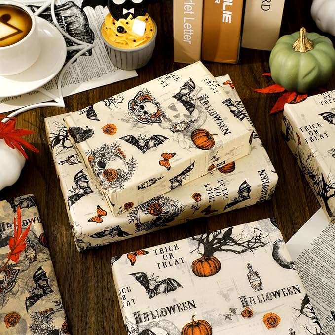 JarThenaAMCS 60 Pcs Halloween Tissue Paper Retro Gothic Skull Crow Pumpkin - Image 4