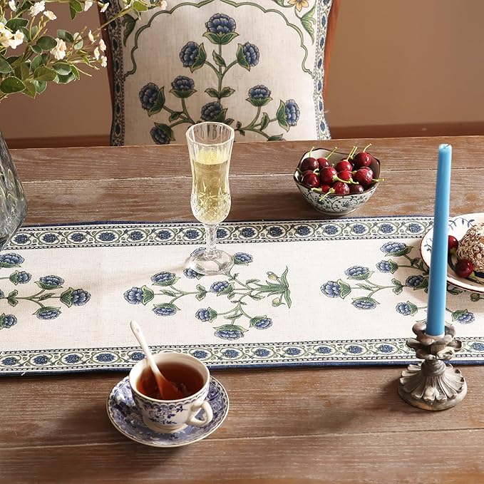 patdrea Designer Blue Rustic Elegant Floral Patterned Linen Table Runner 71 - Image 4