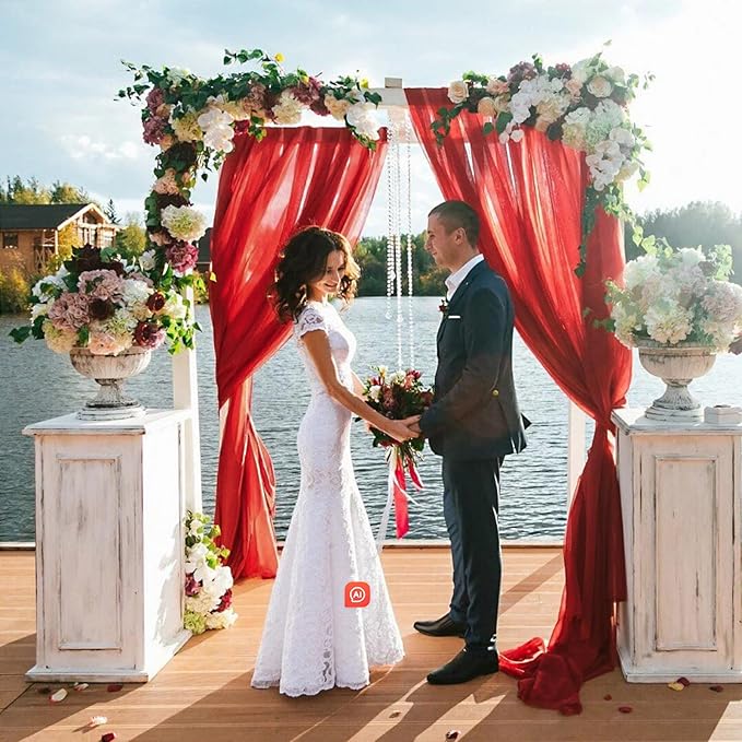 VOK Red Wedding Arch Draping Fabric 29in x 18Ft 4 Panels Sheer Chiffon Curtain - Image 6