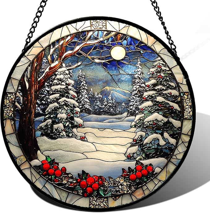 Stained Glass Window Hanging Christmas Tree Winter Snow Night Scenery Large by DASTOLL