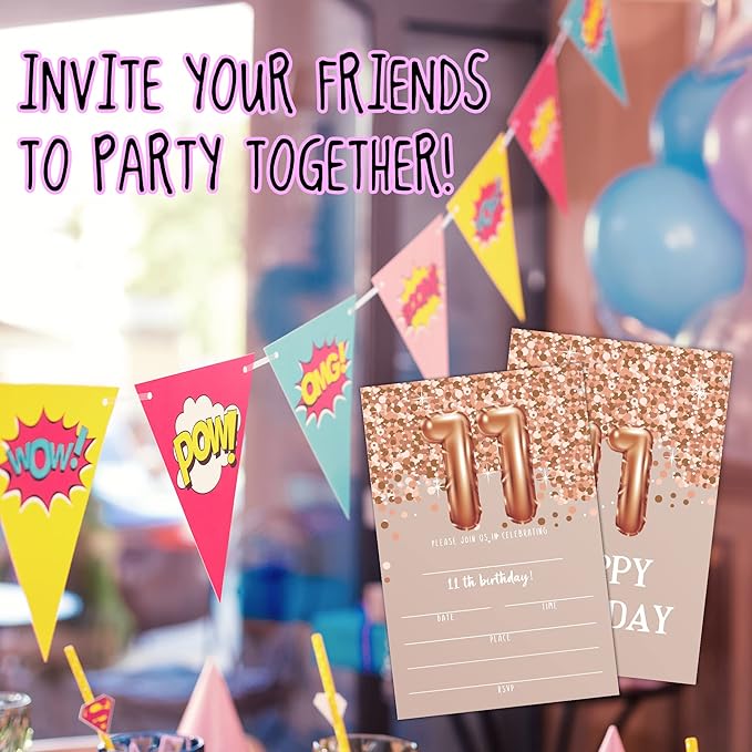11th Birthday Invitation Cards, Rose Gold Glitter 11th Birthday Party Invites - Image 4