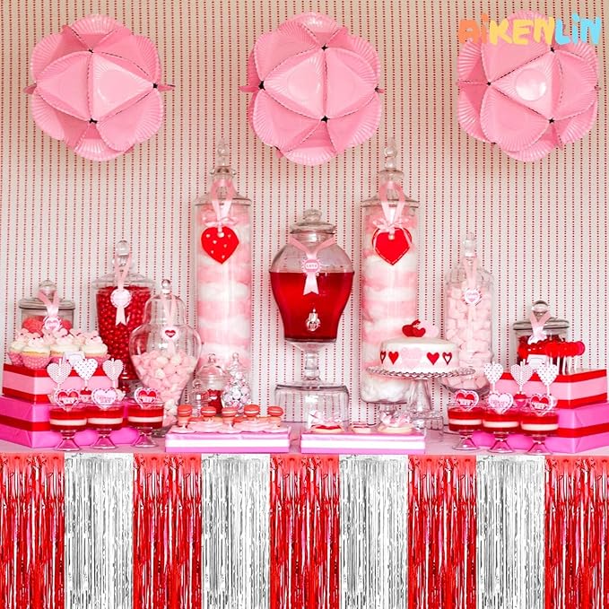 6 Pack 29x108 Inch Red Silver Metallic Foil Fringe Tinsel Table Skirts - Image 4