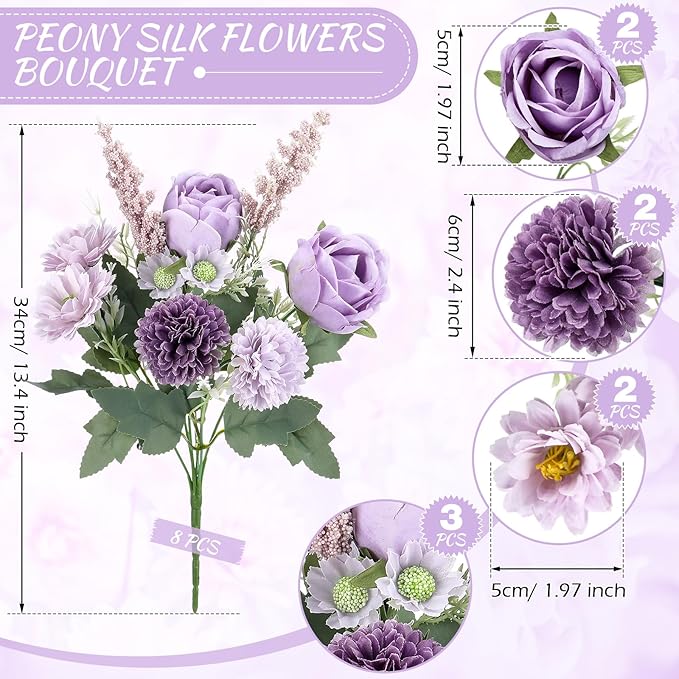 Zeyune 8 Pcs Wedding Silk Flowers Fake Silk Flowers Faux Bouquet Hydrangea - Image 2