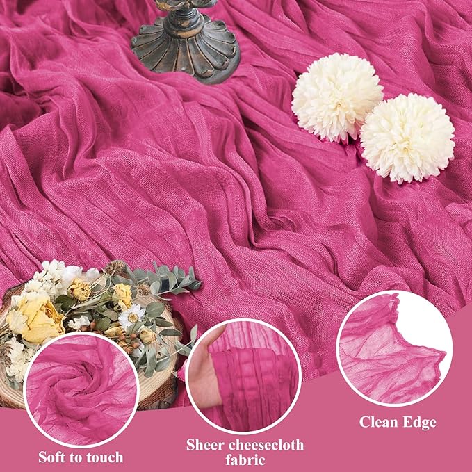 Asee'm 6pcs Cheesecloth Table Runner 120 Inches Long Deep Pink Boho Gauze - Image 3