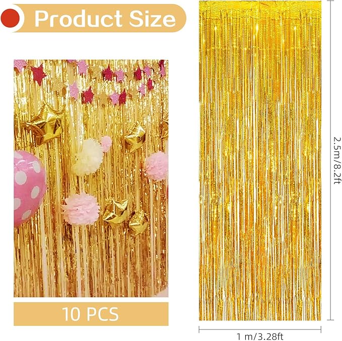 10 Pack Gold Backdrop Curtain 3.2ft x 8.2ft Metallic Tinsel Foil Fringe - Image 3