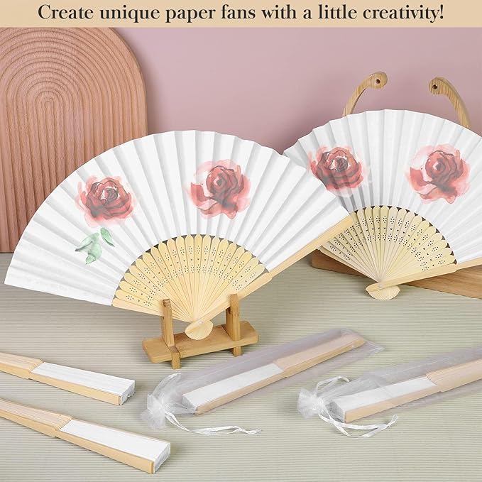 MCEAST 120 Pieces Wedding Handheld Paper Fans White Bamboo Folding Paper Fan - Image 4