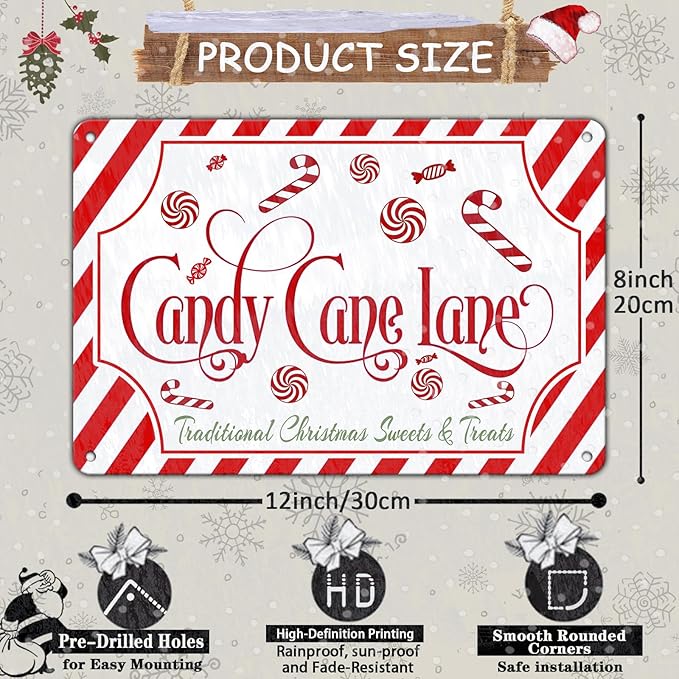 Christmas Candy Cane Lane Metal Tin Sign Traditional Christmas Sweets and - Image 2