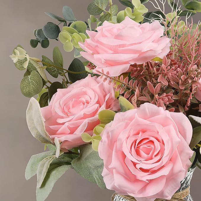 HOHOTIME Artificial Flowers in Vase, Faux Silk Pink Roses Table Centerpiece - Image 3