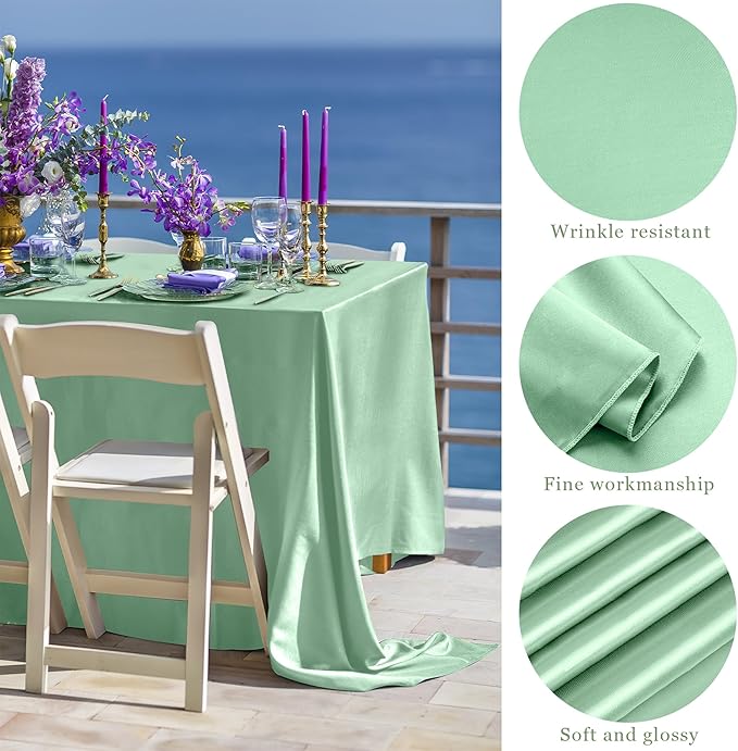 TURSTIN 1 Pack Sage Green Satin Tablecloth 102 x 58 Inch Overlay Satin Table - Image 3