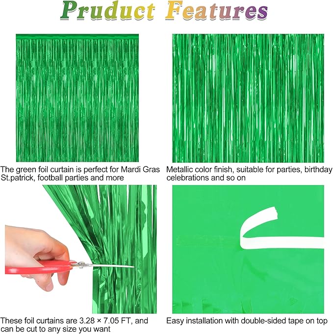 4 Pack Green Streamers, 3.28 FT x 7.05 FT Birthday Tinsel Backdrop, Metallic - Image 4