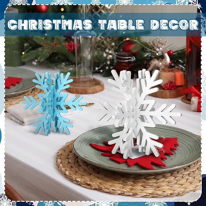 Bucherry 12 Pcs Wooden Snowflake Table Decor 3D Snowflake Tabletop Signs and - Image 4