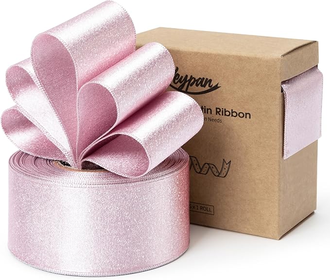 Light Pink Satin Ribbon for Valentines Day 1-1/2 Inch Double-Faced Wide Wired by Keypan