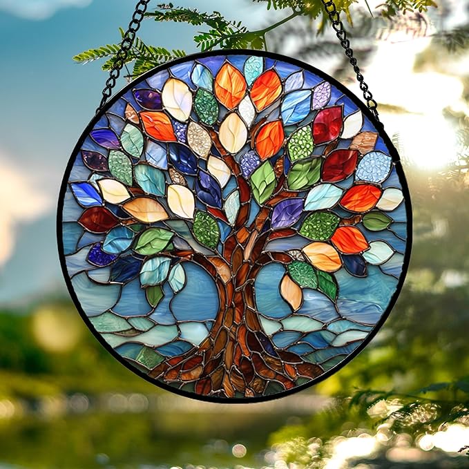 Stained Glass Window Hanging, Colorful Tree of Life Sun Catchers Glass Panel - Image 4