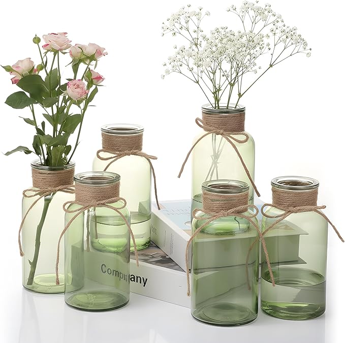 Green Glass Flower Vases for Centerpieces Set of 6, Mason Jars Boho Cylinder by Unknown