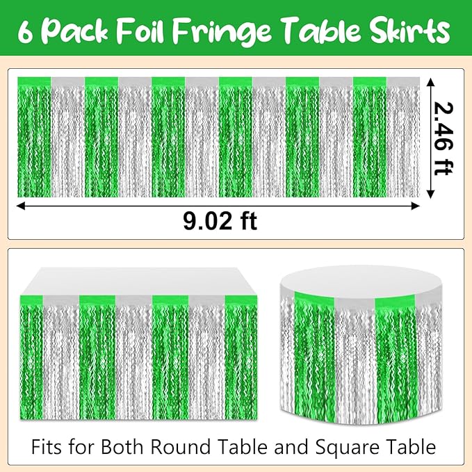 6 Pack 29 x108 Inch Silver Greenange Wave Foil Fringe Table Skirts Metallic - Image 2