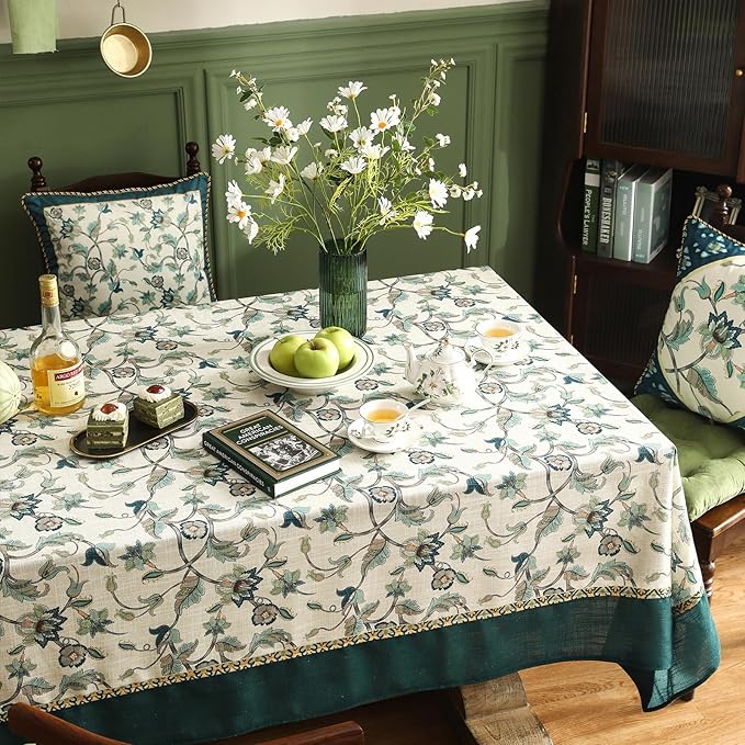 patdrea Designer Green Square Table Cloth, Vintage Floral Linen Durable - Image 6