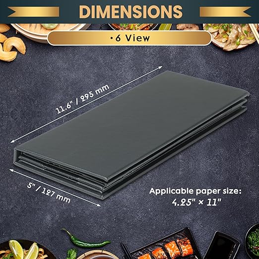 2 Pack 6 View Menu Holder Menu Covers 4.25" x 11" | Black Leather Menu Sleeves - Image 2