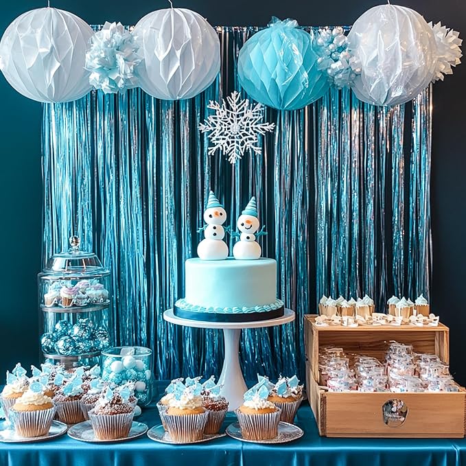 PartyWoo Light Blue Streamers Backdrop 3pcs Baby Blue Foil Fringe Streamer - Image 3
