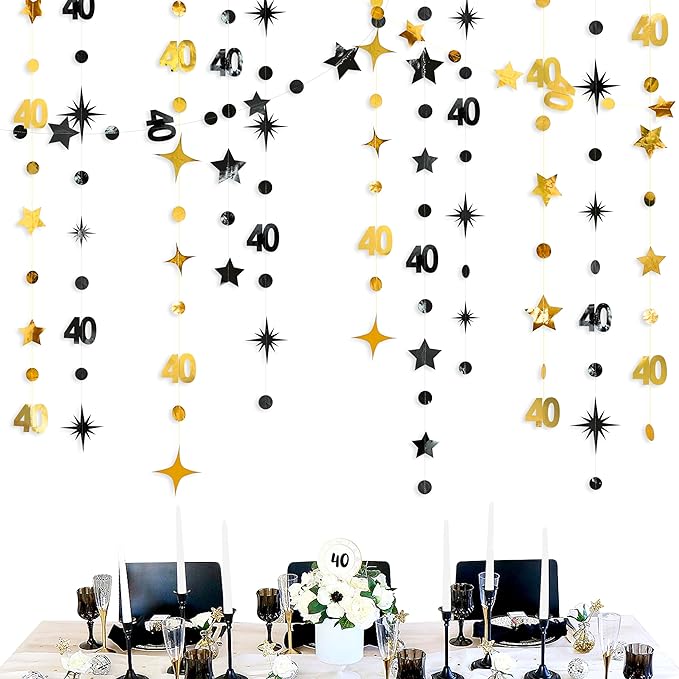 Black Gold 40th Birthday Decorations Number 40 Circle Dot Twinkle Star Garland by pinkblume