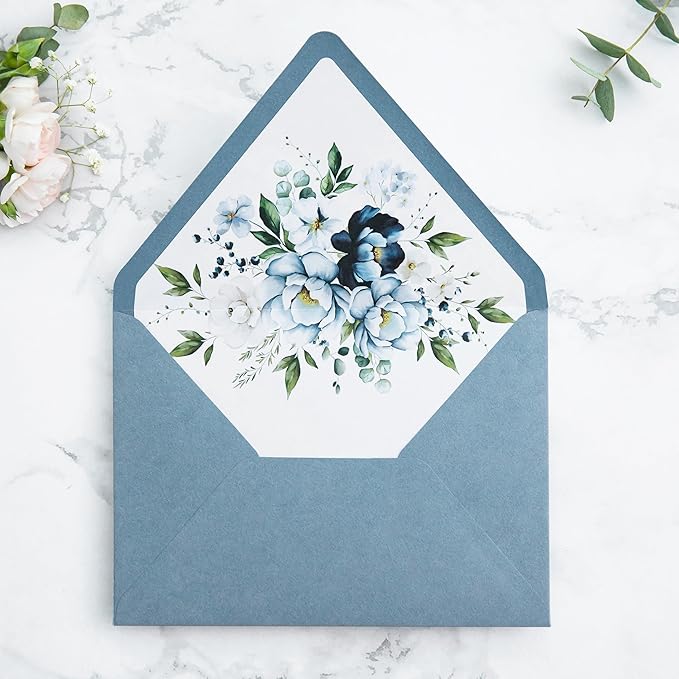 PONATIA 50PCS A7 Euro Flap Envelopes, 5.25 x 7.25'' Dusty Blue Flowers Liner - Image 2
