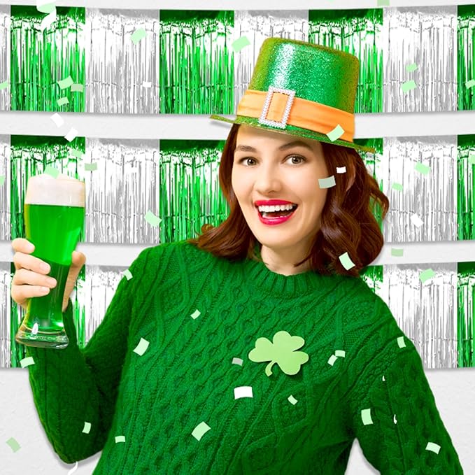 3 Pack 10 Feet Silver Green Foil Fringe Garland Metallic Tinsel Streamers - Image 5