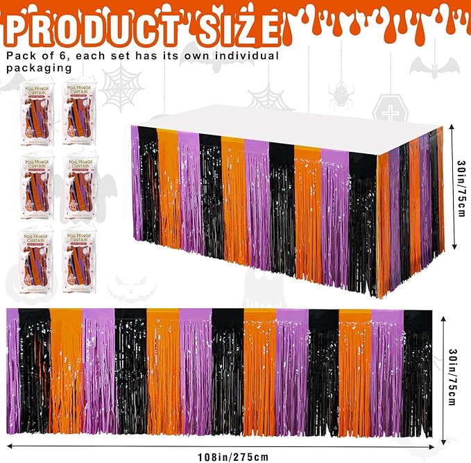 6 Pack 30x108 Inch Halloween Table Skirt Decoration, Metallic Foil Fringe - Image 5