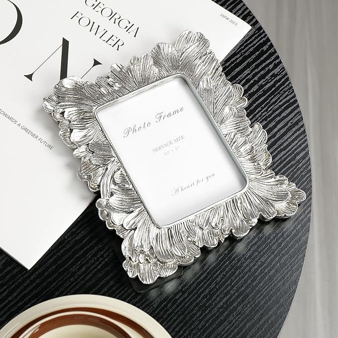 Silver 3x5 Picture Frame, Vintage Silver Palm Leaves Textured Hand-Crafted Resin - Image 3