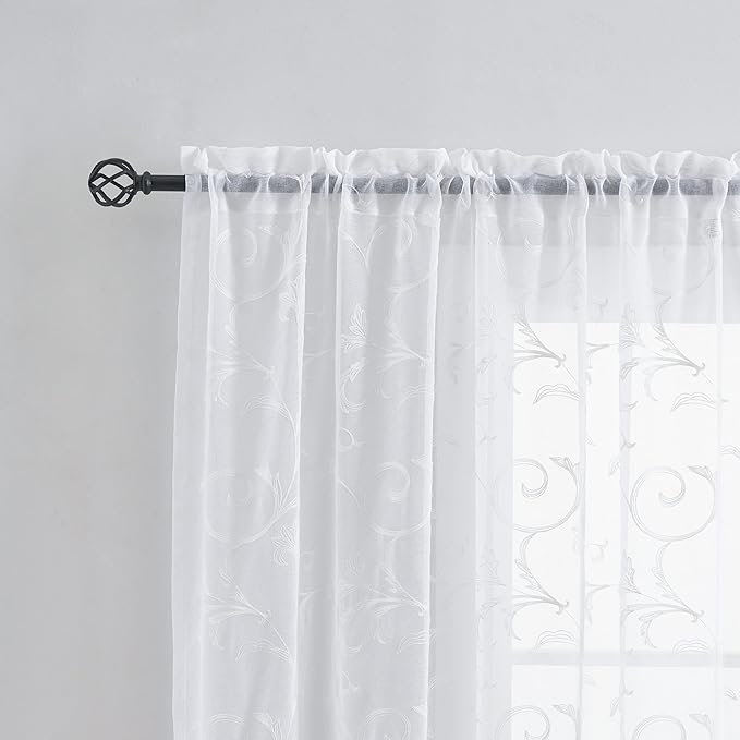 Sheer Curtains White 63 Inch Embroidered Floral, Rod Pocket Voile Drapes - Image 2