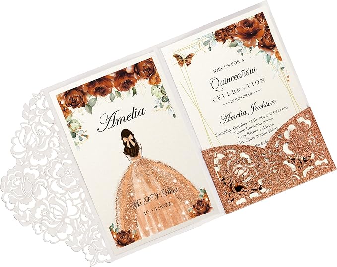 DORIS HOME 50pcs Laser Cut Quinceanera Invitations Terracotta Glitter, 4.7x7.1 by DorisHome