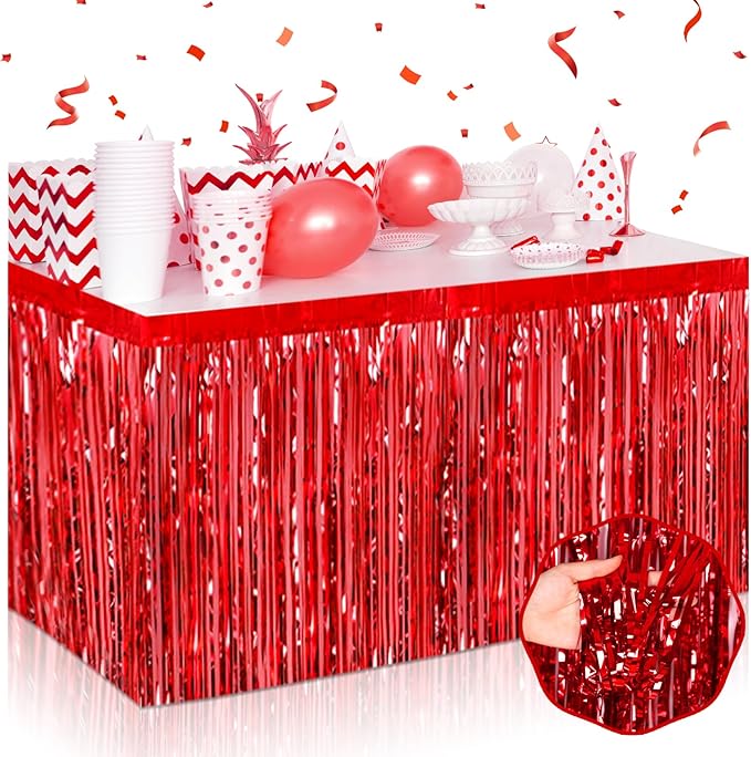 3 Pack 29 x108 Inch Red Foil Fringe Table Skirts Metallic Banner by Mebiornt