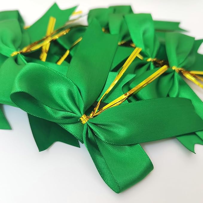 50pcs 3-1/2" Green Twist Ties Satin Green Bows - Image 9