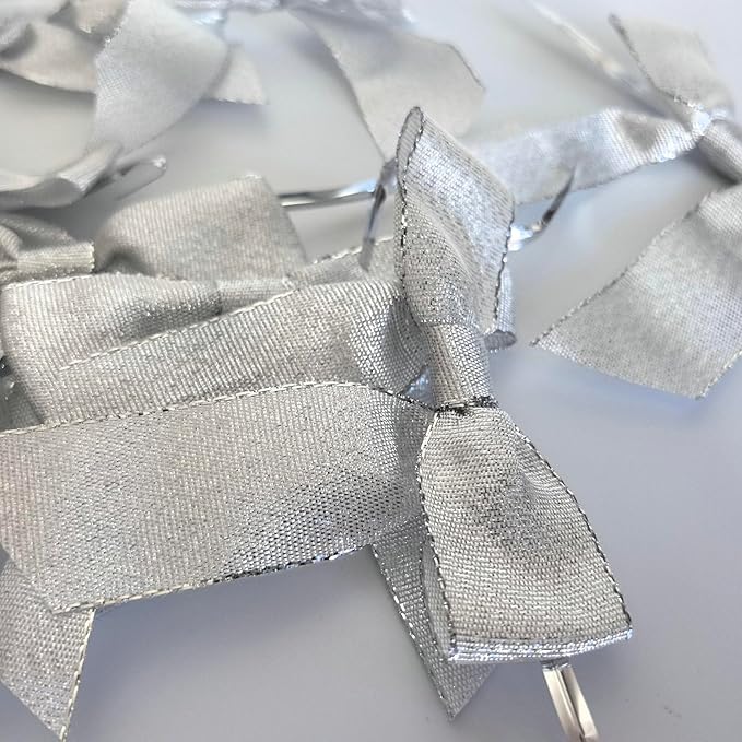 50pcs 3-1/2" Metallic Silver Glitter Ribbon Bows - Image 5