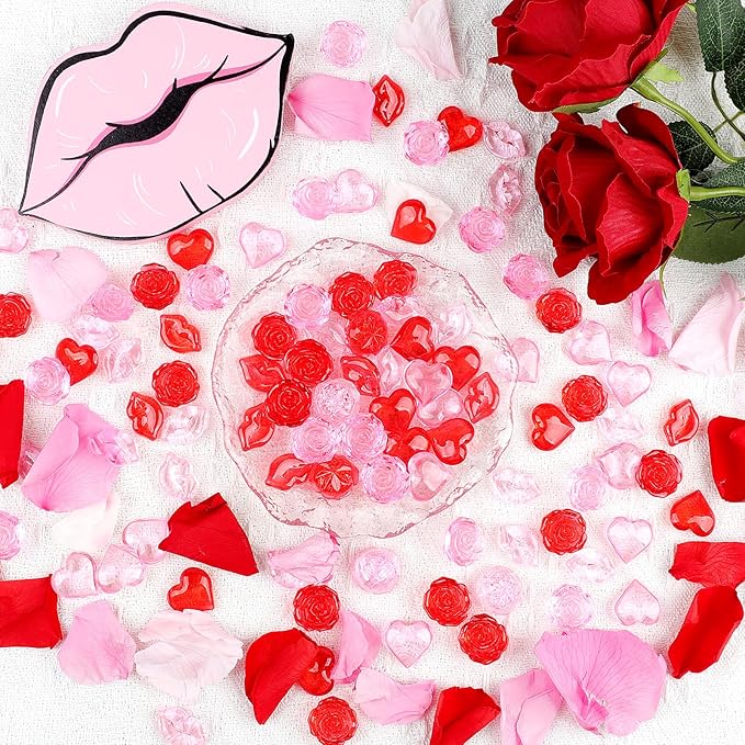 Fangoo 180PCS Red Pink Acrylic Heart Ornaments Mini Acrylic Heart Rose Flower - Image 3