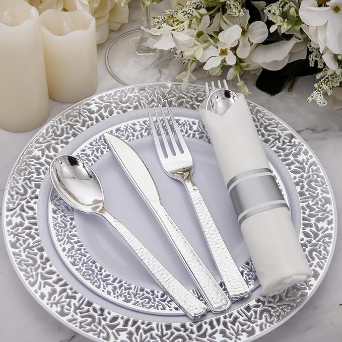 Supernal 60 Pack Pre-Rolled Silver Plastic Cutlery Heavy Duty Wrapped - Image 6