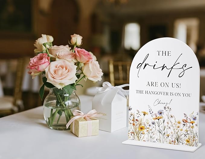 Wedding Signs for Ceremony and Reception, Boho Floral Acrylic Drinks are on Us - Image 3