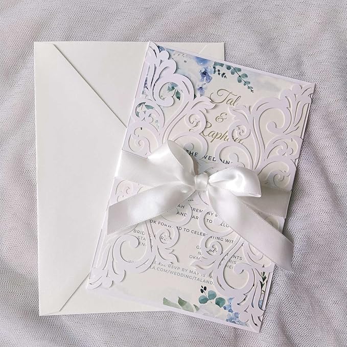 25PCS Pearl White Laser Cut Wedding Invitations Cards - Image 3