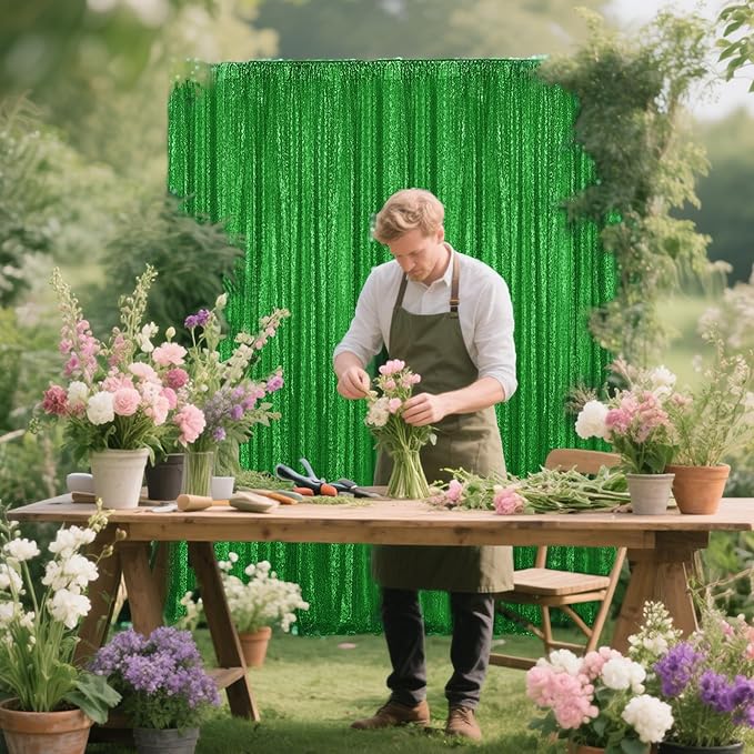 Green Sequin Backdrop Curtain 2 Pieces 2FTx8FT Glitter Photography Backdrop - Image 3