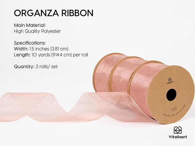 Vitalizart Pink Organza Ribbon 1.5" x 30 Yd Rose Gold Sheer Ribbons - Image 2