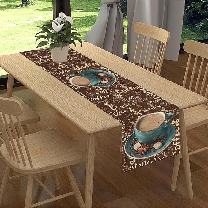 Coffee Theme Table Runner, Farmhouse Retro Brown Coffee Cup Tea Party Rustic - Image 3